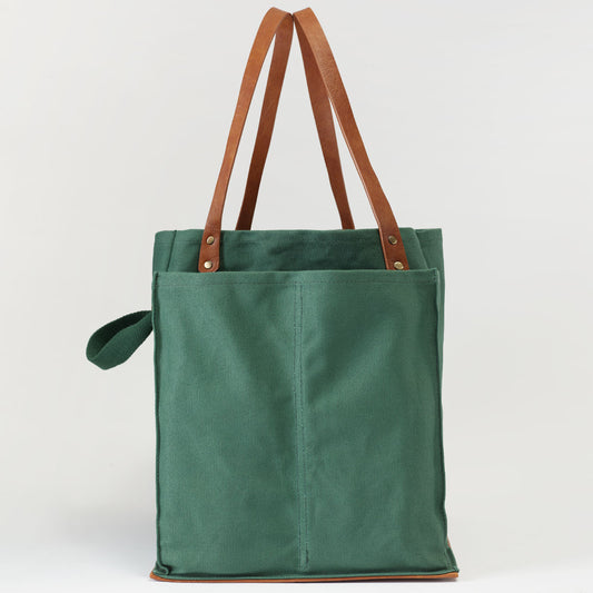 Multi-Pocket Vegan Leather Strap Market Canvas Bag