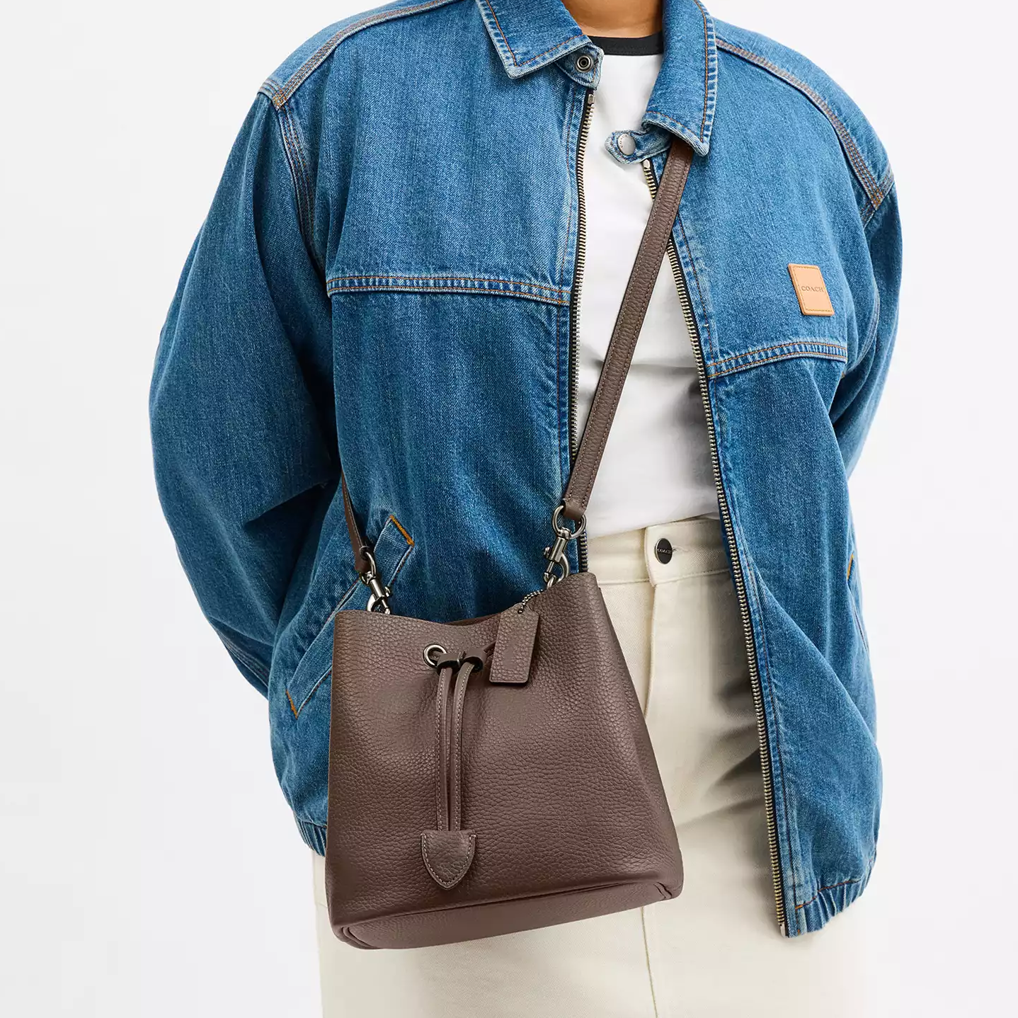 Dual Material Pebble Leather Drawstring Mini Bucket Bag With Dual Detachable Straps