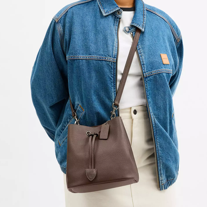 Dual Material Pebble Leather Drawstring Mini Bucket Bag With Dual Detachable Straps