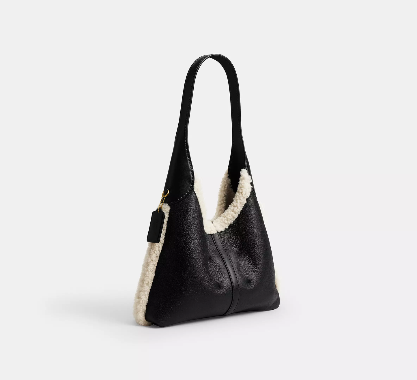 Shearling Trim Natural Grain Leather Hobo Bucket Bag With Detachable Zip Pouch