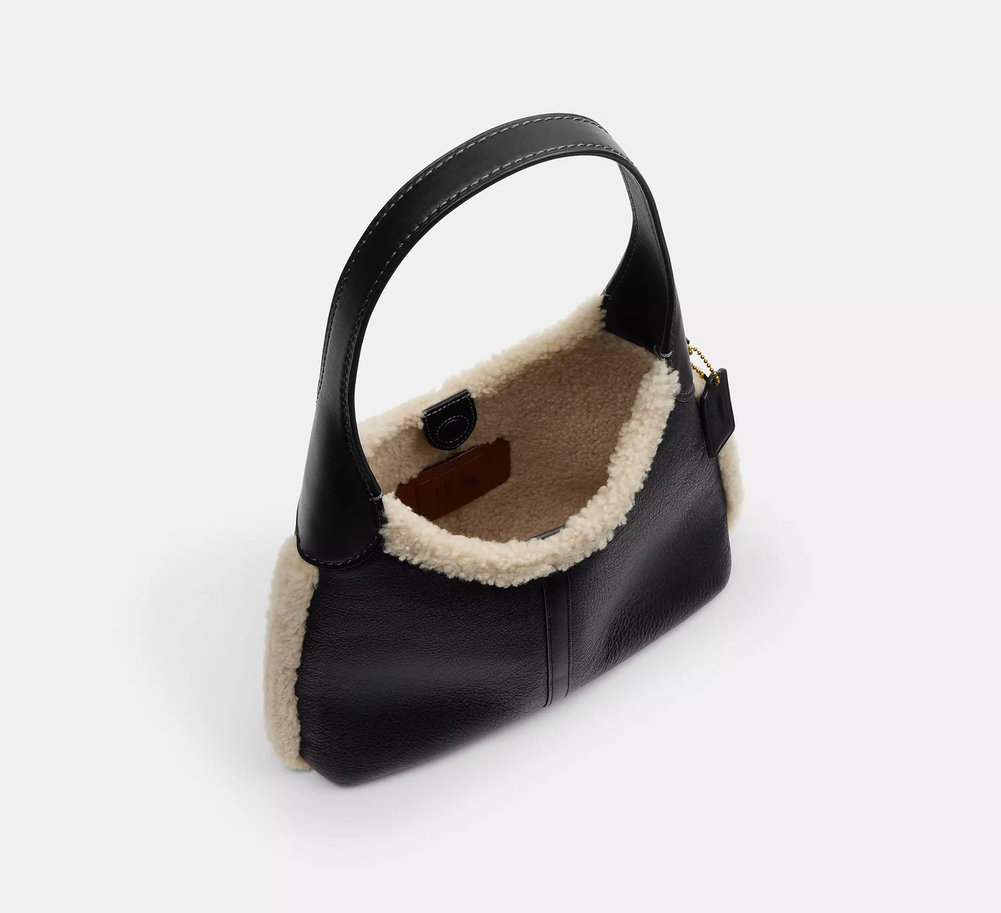 Shearling Trim Natural Grain Leather Hobo Bucket Bag With Detachable Zip Pouch